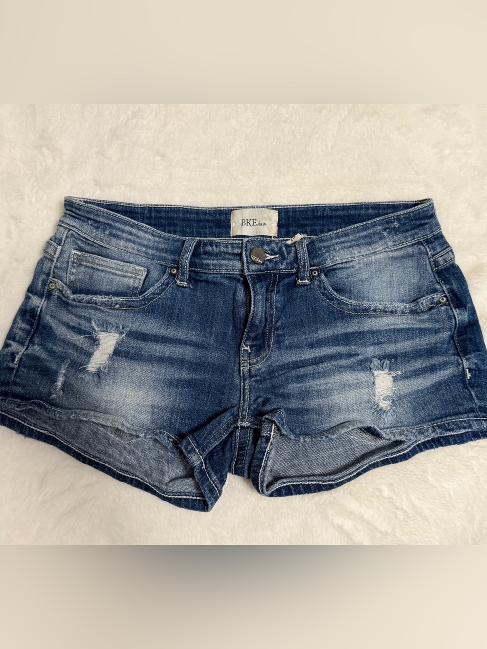 BKE Women's Distressed Dark Blue Denim Shorts